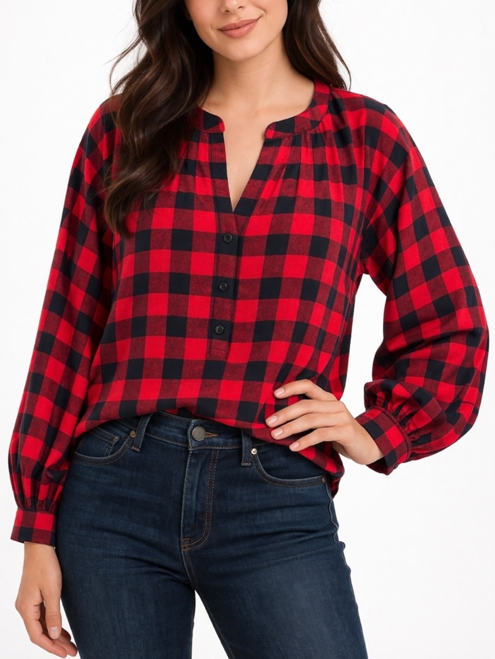 J. Crew Red Buffalo Check Flannel Popover Blouse Top Size Small